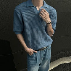 Summer Men's Clothing Light Luxury Korean Popular Hollow Out Polo Shirt Leisure V Neck Short Sleeve Solid Color Retro Knitwear voguable
