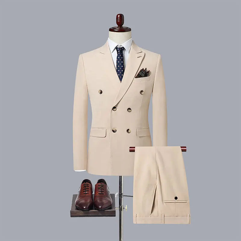 Voguable Fashion New Men's Casual Boutique Double Breasted Solid Color Business Suit Jacket Trousers Pants 2 Pcs Set Blazers Coat voguable