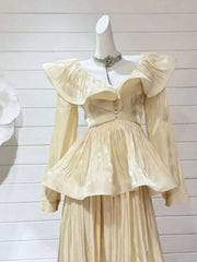 Solid Ruffles Women's 2 Piece Sets V Neck Long Sleeve Shirt High Waist Skirts Loose Elegant Set Autumn 2025 New voguable