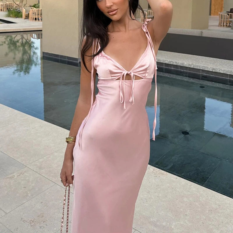 V-neck Cut Out Lace-Up Spaghetti Strap Dress For Women Summer Beach Long Dress Fashion Sexy Sleeveless Slim Gown Clothes voguable