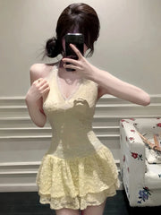 Fall Winter Women Y2k Shoujo Girl 2000s Kpop Korean Outfits 2 Piece Set Long Sleeve Tops + Coquette Ballet Core Mini Lace Dress voguable