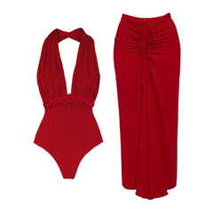 Red Flower One Piece Swimwear With Cover Up Trend Swimsuit 2025 Sexy Biquini Luxury Woman Swimsuit Beach Outing Bodysuit Bathsui voguable