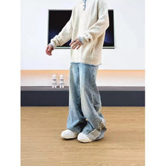 Men's Denim Pants Male Jeans Patchwork Personalized panhandler pants Straight Casual Menwear Loose Wide Leg Trousers New