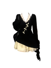 Fall Winter Women Y2k Shoujo Girl 2000s Kpop Korean Outfits 2 Piece Set Long Sleeve Tops + Coquette Ballet Core Mini Lace Dress voguable