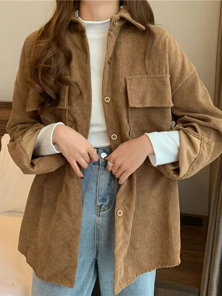 Voguable Casual Women Corduroy Shirts Fashion Pockets Long Sleeve Spring Ladies Tops Solid Korean Loose Button Up Shirts voguable