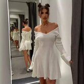 Knitted Off Shoulder V Neck Mini Dress Women's Sexy High Waist Long Sleeve Dress White Knitted Sweater Dress Robe Women