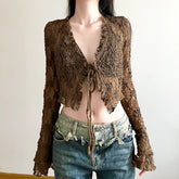 Voguable Lace Splicing Lace-up V-neck Thin Lace Smock Top Brown Fairycore Grunge Long Sleeve Tops Chic Crop Tops Korean Cardigan voguable