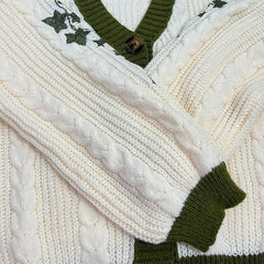 Cute Lantern Sleeve Knitted Cardigan Autumn Warm Embroidery Sweater Women Casual V-neck Single Breasted Sweater Coat Y2k voguable