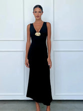 Elegant Deep V Neck Front Gold Clasp Sexy Maxi Dress For Women Black Gown Sleeveless Slim Fit Long Tank Dress Elegant voguable