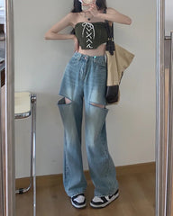 New High Waist Ripped Straight Women's Jeans Women Blue Denim Trousers Y2k Korean Clothing Fashion Streetwear Baggy Pants voguable
