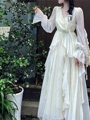 French Fairycon Ruffles Dresses For Women's 2025 New Summer Fashion V-Neck White Long Puff Sleeve Dress Holiday Beach Vestiods voguable