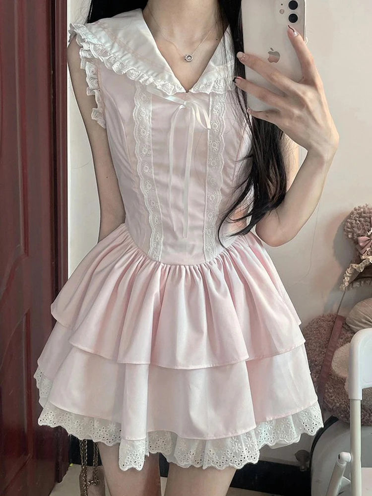 Sweet Slim Pink Dress Women Cute Preppy Style Sailor Collar Mini Dress Casual Retro Japan Lace Patchwork Kawaii Cake Dress voguable