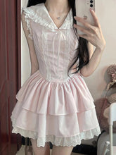 Sweet Slim Pink Dress Women Cute Preppy Style Sailor Collar Mini Dress Casual Retro Japan Lace Patchwork Kawaii Cake Dress voguable