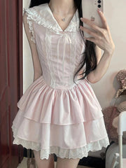Sweet Slim Pink Dress Women Cute Preppy Style Sailor Collar Mini Dress Casual Retro Japan Lace Patchwork Kawaii Cake Dress voguable