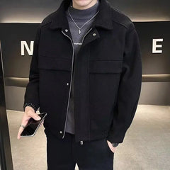 Korean Fashion Short Woolen Coat Men Loose Casual All-match Lapel Zipper High-end Men Clothing Woolen Jackets for Men Top M-3XL voguable
