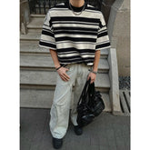 Men Black White Stripe Tshirt Man Loose Fit O Neck Casual Streetwear Fashion Soft Cotton Relaxed Summer Tee Shirt Striped Top voguable