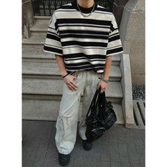 Men Black White Stripe Tshirt Man Loose Fit O Neck Casual Streetwear Fashion Soft Cotton Relaxed Summer Tee Shirt Striped Top voguable