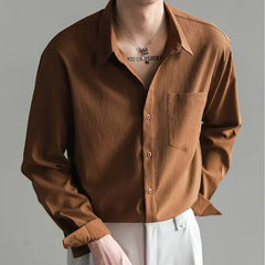 Mature Korean Style Handsome Long-sleeved Shirt Men's Loose Casual Wrinkle Draped Shirt Spring Top voguable