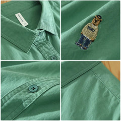 Voguable Spring and Autumn New Bear Embroidery Casual Long Sleeve Men Shirts 100% Cotton Solid Color Fashion Art Versatile Top voguable