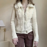 Voguable Women Knitted Coats Fall Winter American Simple Furry Patchwork Slim Fit Jacket Office Lady Elegant Zipper Fashion Female Tops voguable