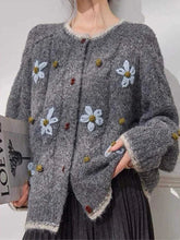 Elegant Floral Gray Cardigan Women Lazy Wind Long Sleeve Sweet Knitted Sweaters Vintage Japan Casual O Neck Female Retro Tops voguable