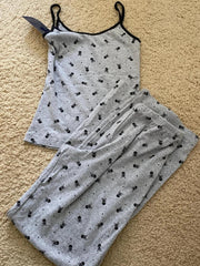 Skull Print Gray Vest Pants 2 Pieces Set Pajama Woman Sleeveless Slim Tank Top High Waist Straight Long Pant Cotton Vintage Sets voguable