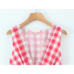 European And American Retro Sexy V Neck Red Plaid Dress Women Floral Embroidery Sleeveless A-line Mini Summer Dresses voguable