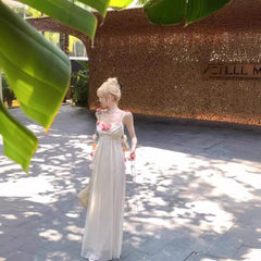 French 3D Flower Tank Dress Women's Summer Soft Mesh Long Dress White Open-back Waist-fitted A- line Skirt voguable