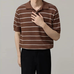 Men's Clothing Light Luxury Business Striped Polo Shirt Casual Slim-fit Knitted Short Sleeve T-shirt High Quality Patchwork Tops voguable