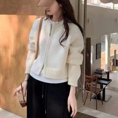 Gray Short Sweater Coat Women Clothing Autumn Winter New Loose Thicken Zipper Long Sleeve Aesthetic Knitted Cardigans Tops voguable