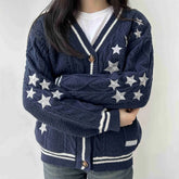 Dark Blue Midnight Cardigan Women with Stars V-neck Knitted Sweater Long Sleeves Warm Comfortable Knit Cardigan Female Autumn voguable