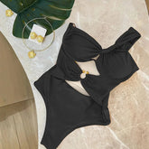 Voguable Triangle Bandeau Bikini Women's Single-strap Design with Underwire Support Tie-back Metal Clasp Closure Solid Color Swimwear voguable