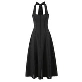 Vintage Elegant Black White Halter Midi Long Dresses Women A-line Slim Sexy Backless Dress Female Summer Party Robe voguable