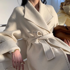 High Quality Double-Sided Cashmere Coat For Women In Autumn And Winter, New Design With Bright Lines, Unique Large Lapel Waistba voguable