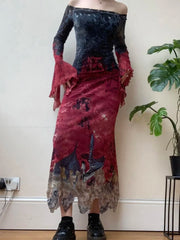 Grunge Fairycore Gothic Floral Mesh Dress Dark Slash Neck Long Flare Sleeve Maxi Dresses For Women Autumn Spring voguable