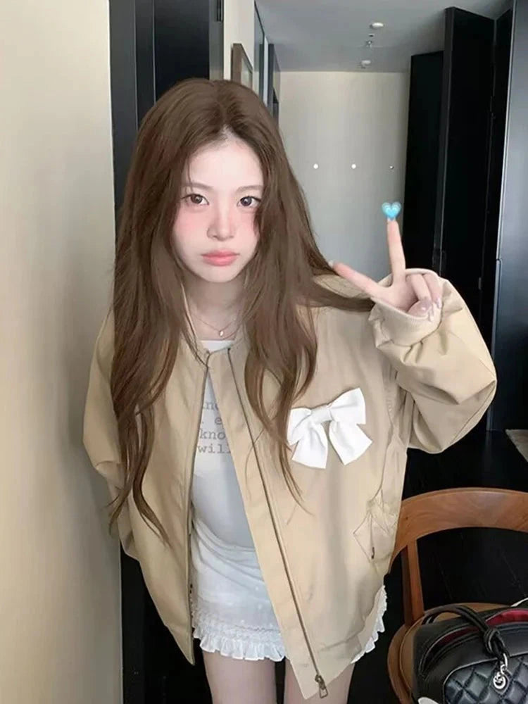 Sweet Bow Korean Jacket Women Fall Preppy Style Cute Long Sleeve Coat Vintage Casual O Neck Loose Female Pockets Tops New voguable
