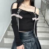 Voguable Sweet Contrast Color Lace Bandage Cropped Top Black Street Street Slim-fit Slash Neck Long Sleeve Knitted Tops Autumn voguable