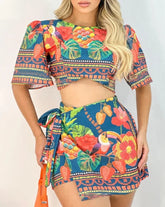 Voguable Summer New Leisure Vacation Tropical Letter Printed Short Top and Short Skirt Set voguable
