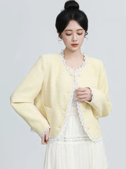 Sweet Yellow Tweed Jackets Women Vintage Lace Patchwork Elegant Short Coat French Retro Casual O Neck Long Sleeve Fall Outwear voguable