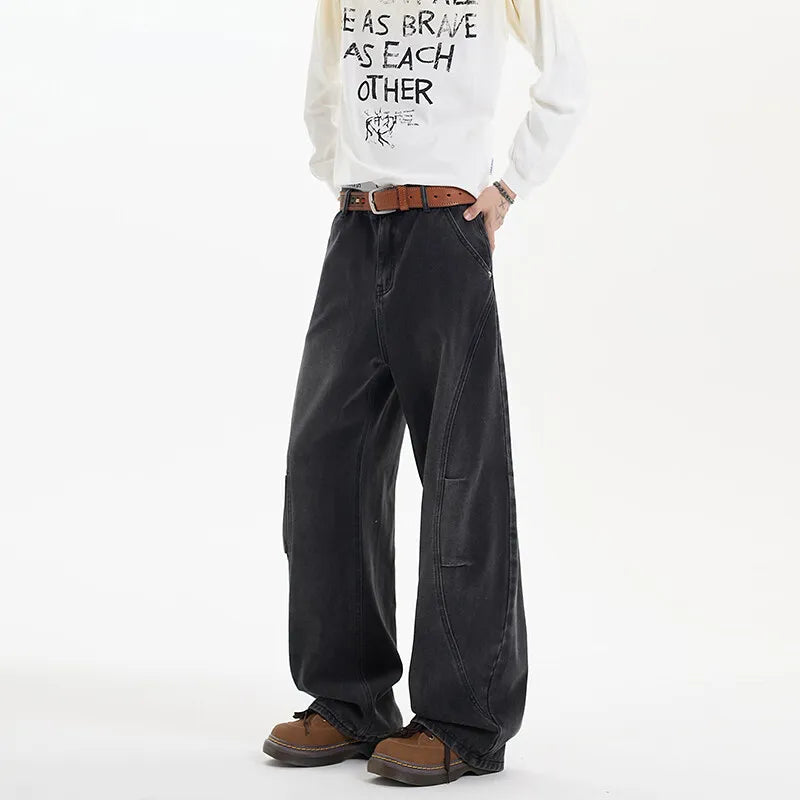 2025 Spring New Trendy Jeans Patchwork Design Male Gradient Color Washed Straight Male Denim Pants Wide Leg Mopping pants voguable