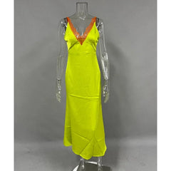 Voguable Contrast Lace V-Neck Camisole Women's Sleeveless Long Dress Slim Summer Beach Style Female Halter Party Dress Dress voguable