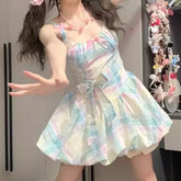 Voguable Colorful Plaid Bow Mini Dress Women Summer Beach Sweet Cute Korean Dress Sleeveless Camisole Casual Kawaii Fashion Female Dress voguable