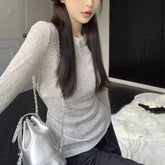 Voguable Long-sleeved Gray T-shirt Women in Early Autumn Thin Versatile Round Neck Loose Slimming Bottoming Sunsn Top voguable