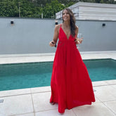 Red Backless Vacation Long Dress 2025 New Solid Color Sleeveless Beach Slip Dress Vestidos Fashion Chic Simple Woman Clothing voguable