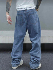 Voguable Men's Vintage Loose-Fit Washed Blue Jeans, Wide Leg Straight Leg Denim Pants, Casual Retro Style, Light Blue, All-Season Comfort voguable