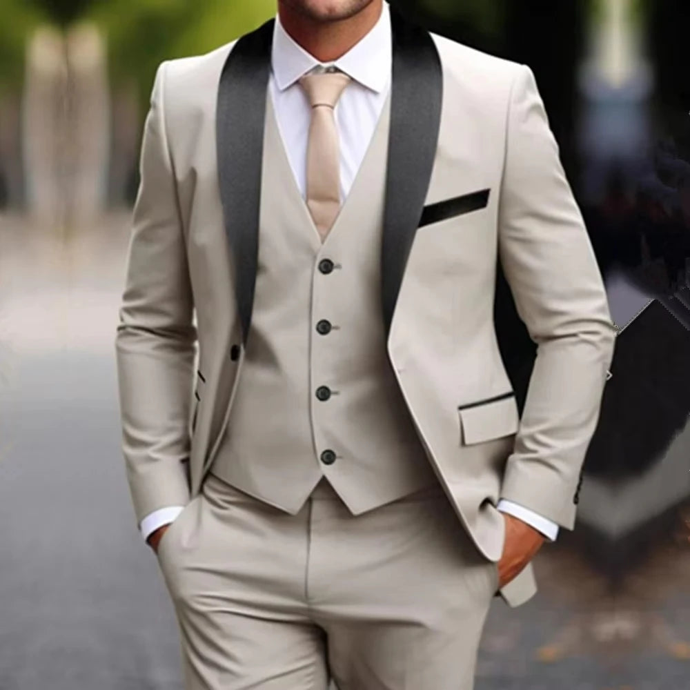 Voguable New khaki Business Formal Men Suit Groomsman Wedding Party Prom Male Tuxedos 3 Piece Set voguable