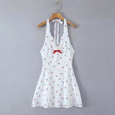 YENKYE Sexy Backless Halter Holiday Beach Dress For Women Sleeveless A-line Cherry Print Summer Dresses Short Robe voguable
