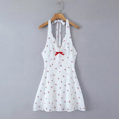 YENKYE Sexy Backless Halter Holiday Beach Dress For Women Sleeveless A-line Cherry Print Summer Dresses Short Robe voguable