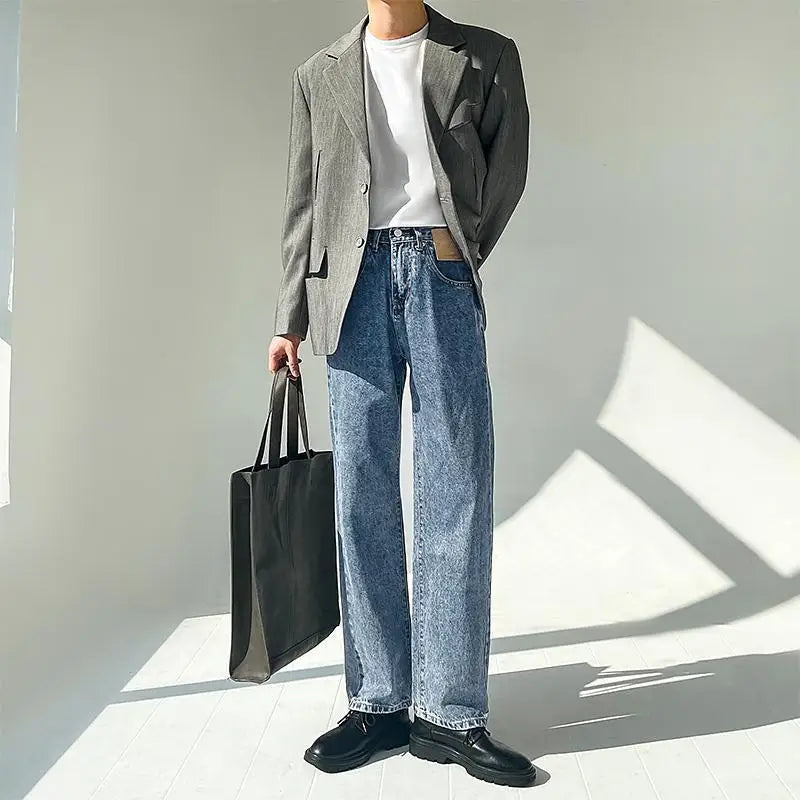 Minimalist Style High-end Jeans Men's Trousers Solid Color Loose Straight Denim Pants Male Draped Dark Blue Trousers voguable