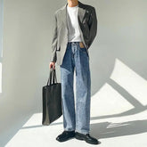 Minimalist Style High-end Jeans Men's Trousers Solid Color Loose Straight Denim Pants Male Draped Dark Blue Trousers voguable